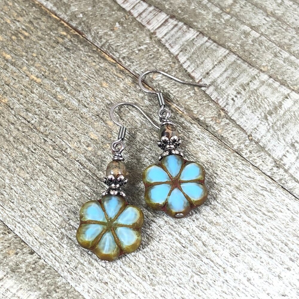 Czech Glass Denim Blue Opal Daisy Earrings